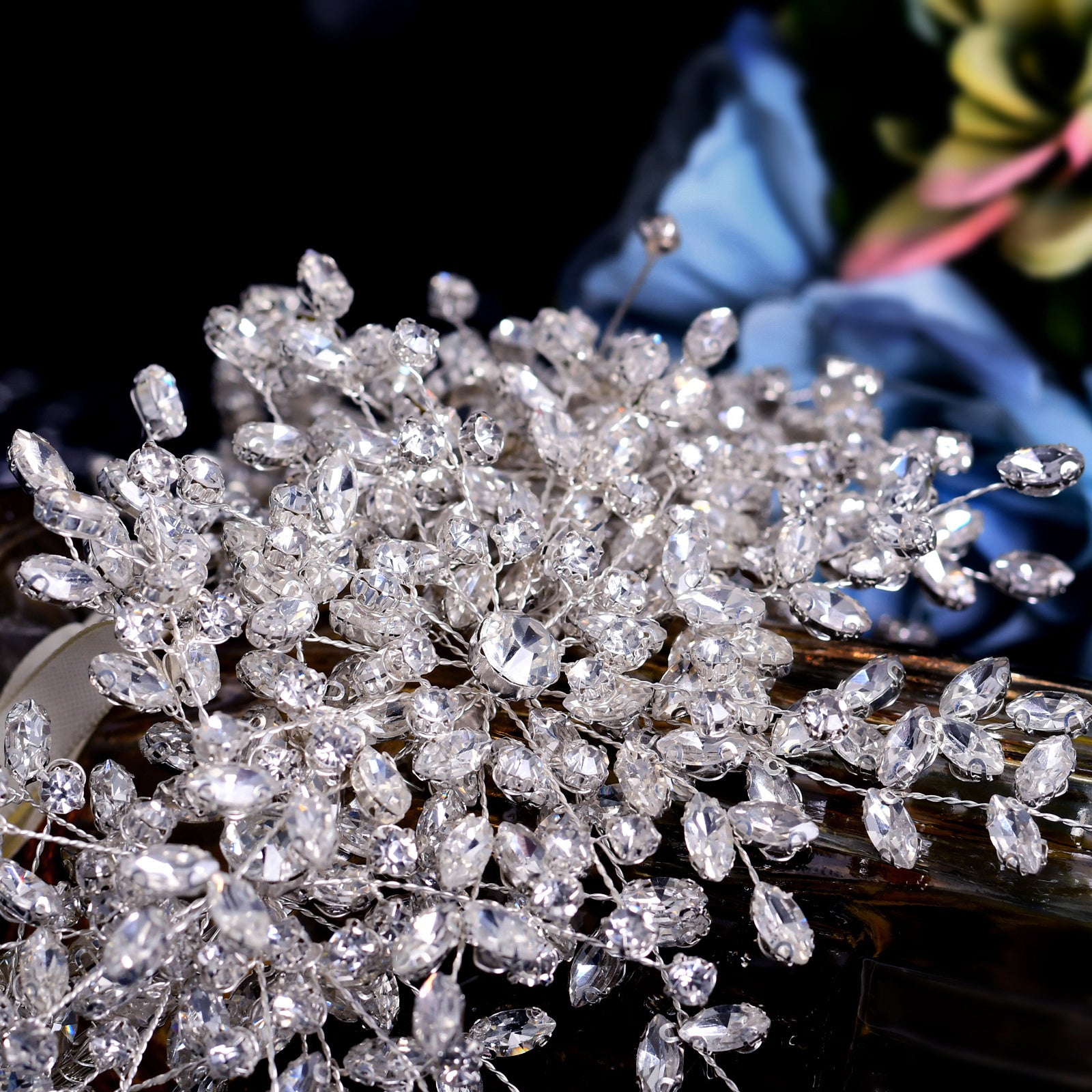 Close-up of decorative crystal branches on a dark background