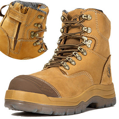 Tan work boot with laces on a white background