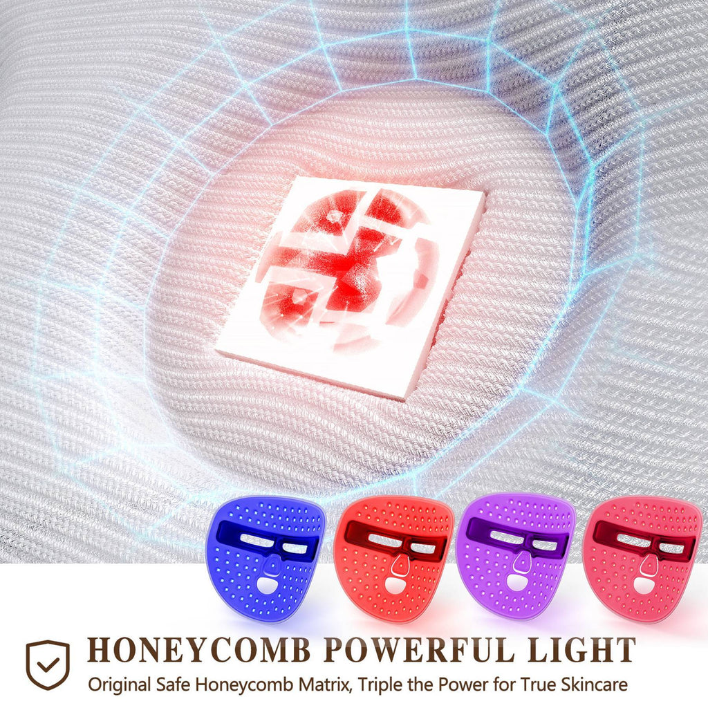 Honeycomb powerful light device with a close-up of a face mask on a textured background, featuring Honeycomb branding.