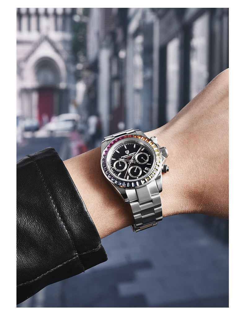 Silver watch on a wrist with a blurred city street background
