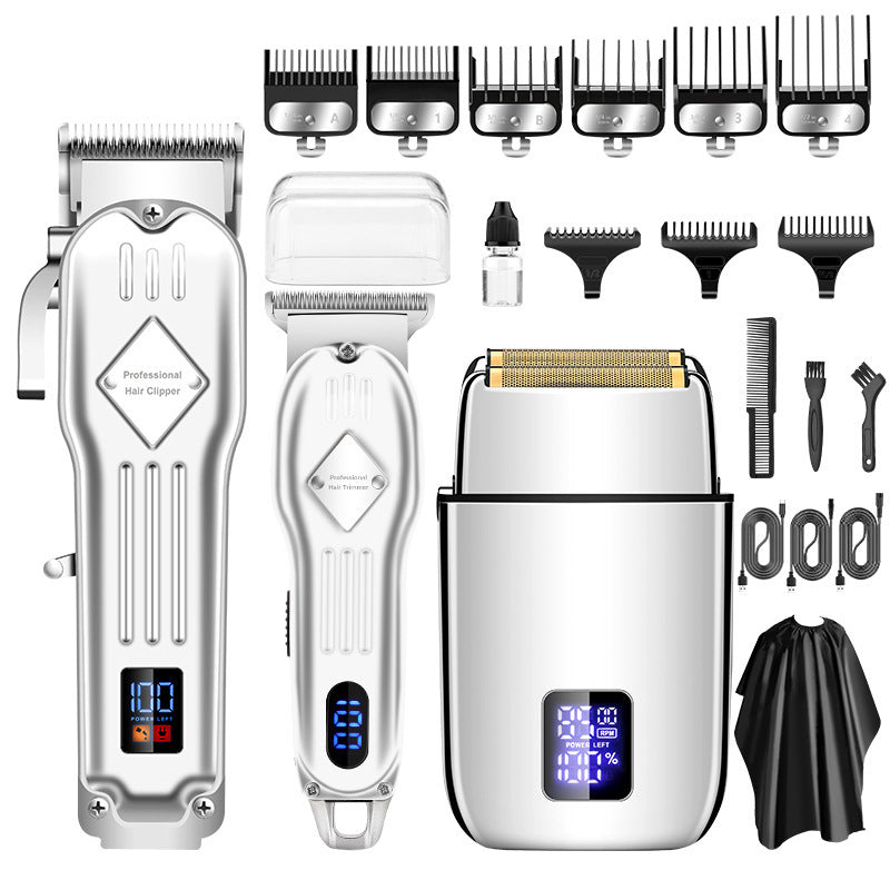 Hair trimmer set with attachments and digital display on a white background