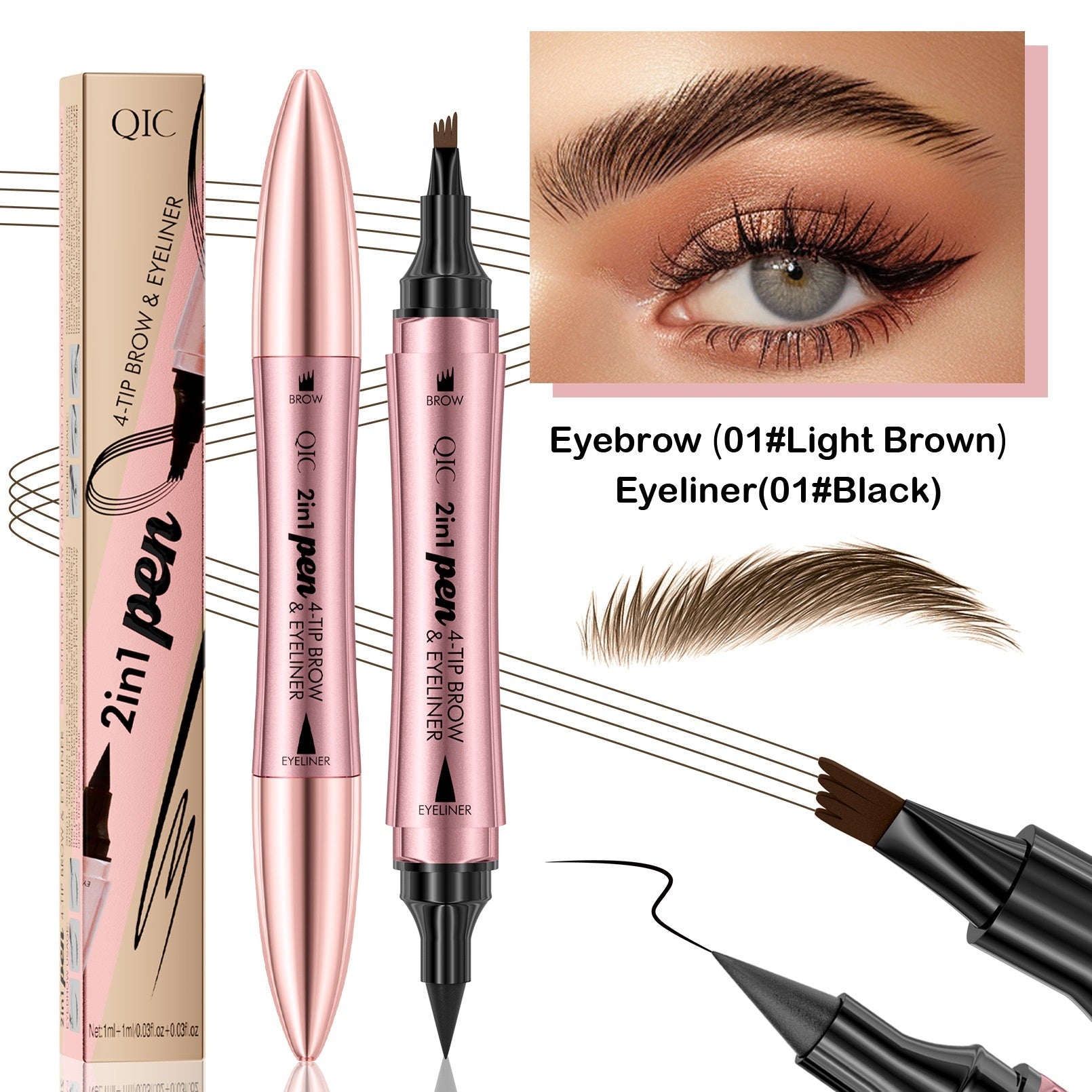 QIC 2-in-1 pen for eyebrow and eyeliner with packaging, close-up of eye, and additional tools.