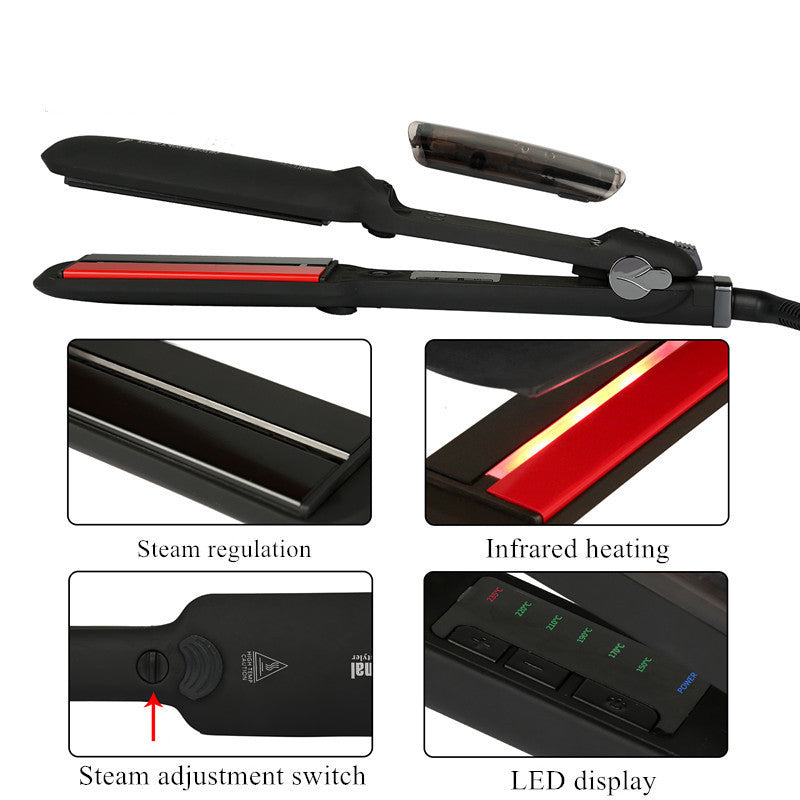 Black hair straightener with steam regulation, infrared heating, steam adjustment switch, and LED display features.