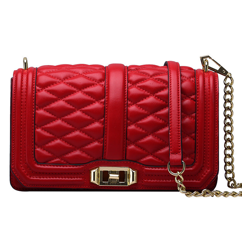 Women's Rhombic Chain Shoulder Bag, First Layer Cowhide