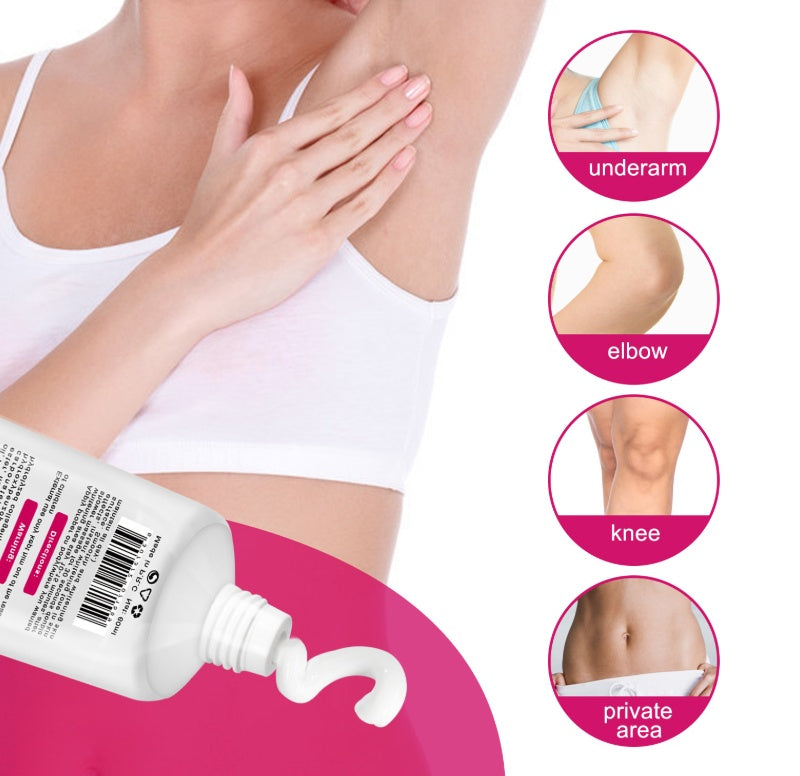 Person applying lotion to their arm with inset images of application areas on a pink background