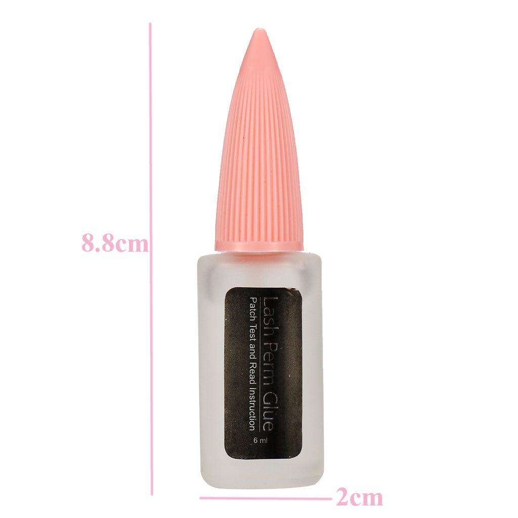 Bottle of lash serum glue with a pink cap on a white background, showing measurements.