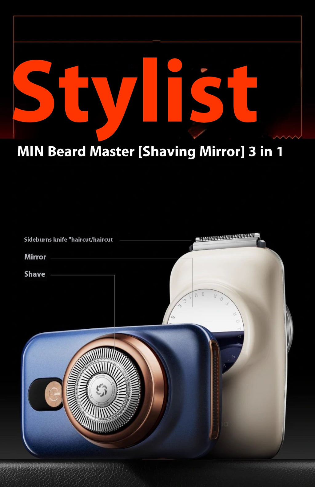 Stylist MIN Beard Master shaving mirror with multiple functions on a black background