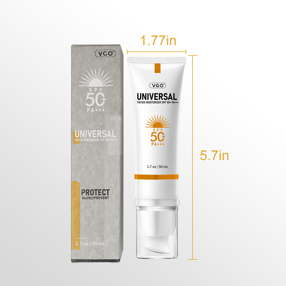 VCO sunscreen cream and packaging with dimensions on a white background