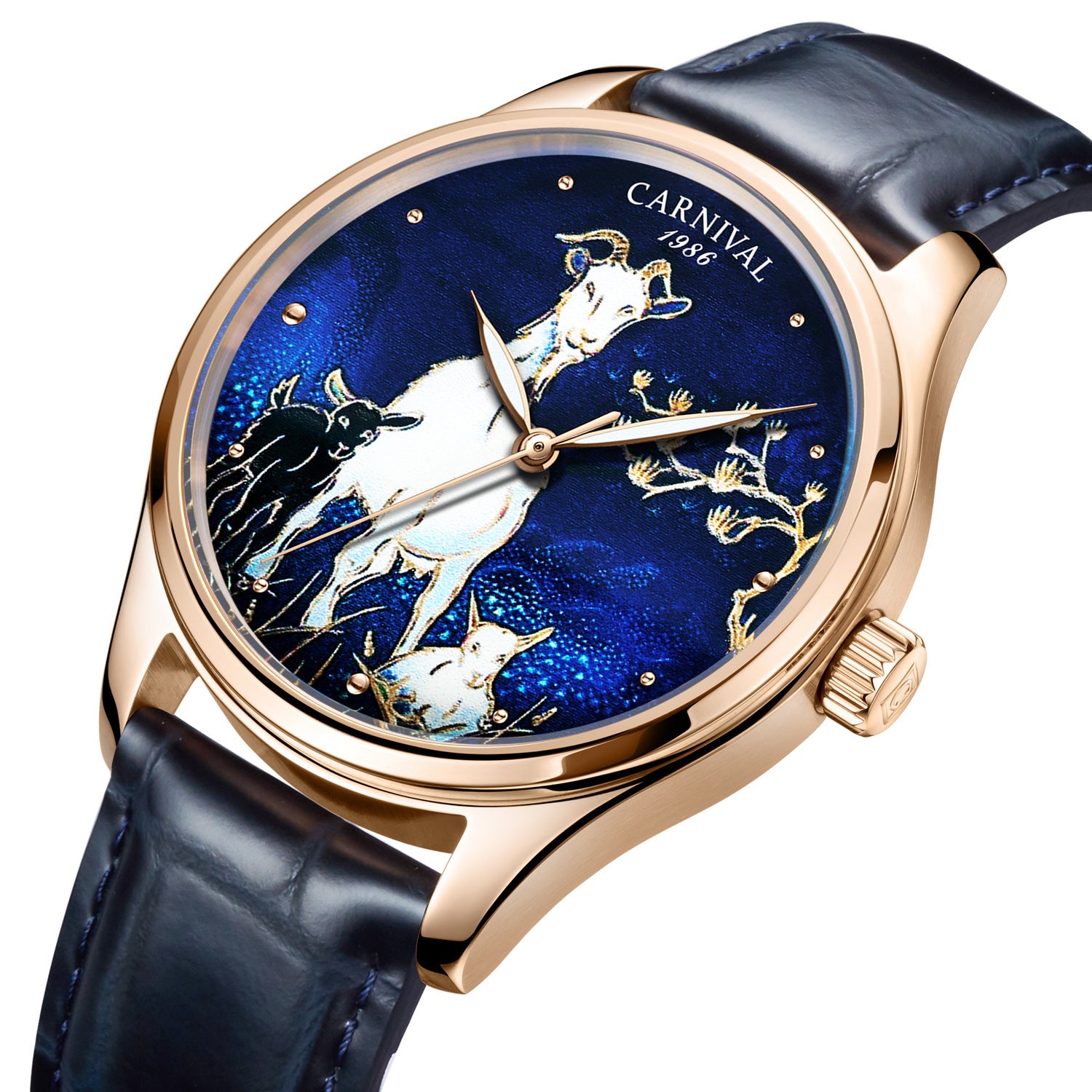 Luxury watch with artistic design on the dial, featuring the brand 'Carnival'.