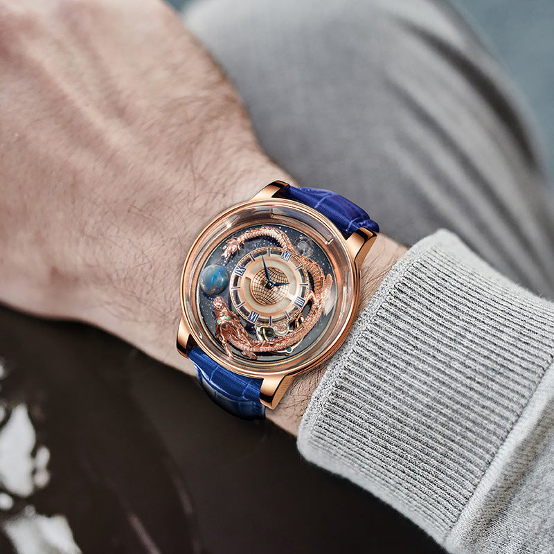 Luxury watch with blue strap on a person's wrist, blurred background