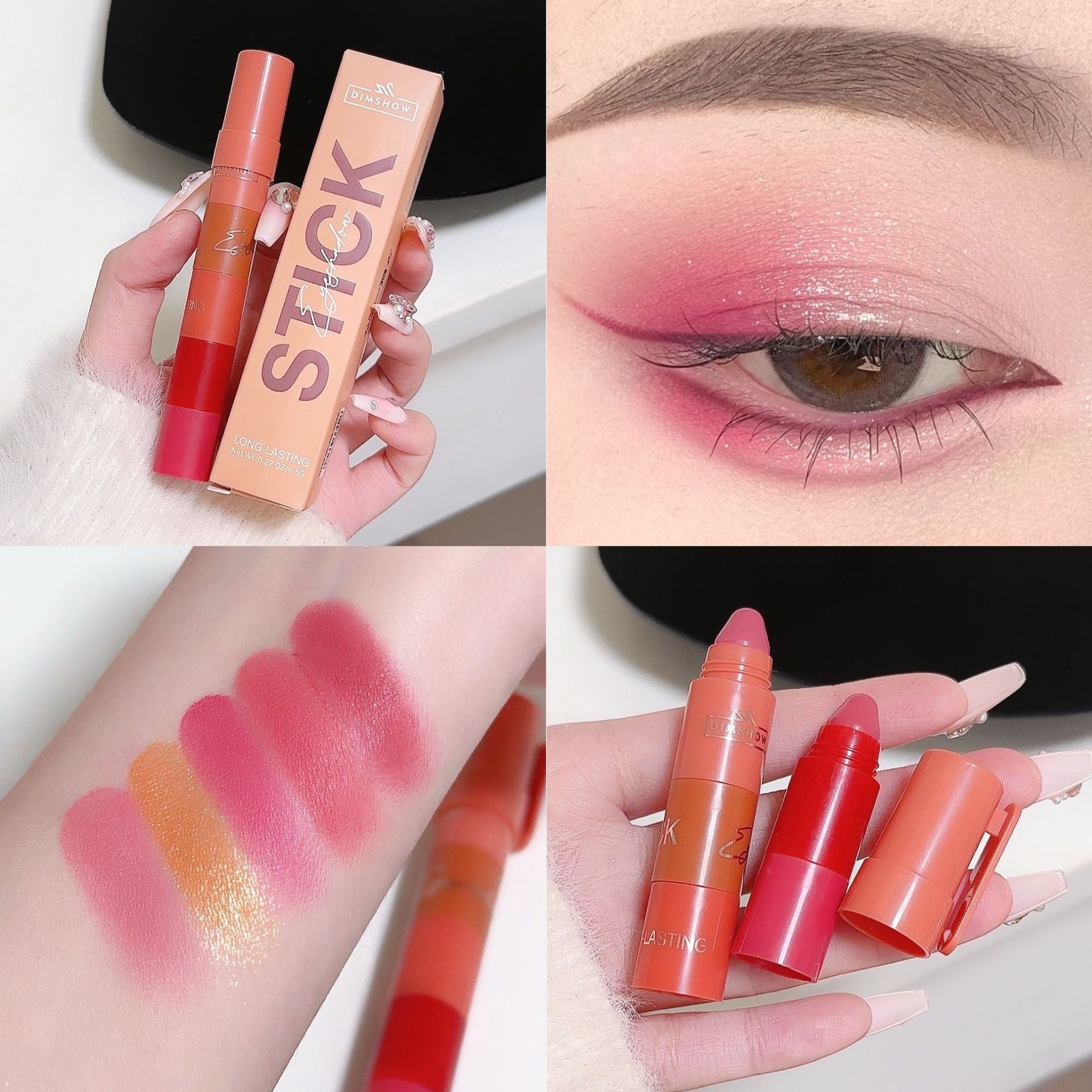 Collage of lipstick products, swatches, and an eye with makeup.