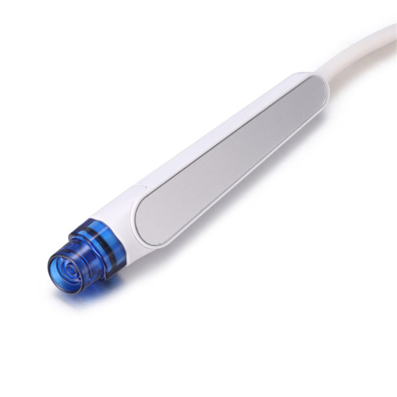White electronic device with blue light on a white background