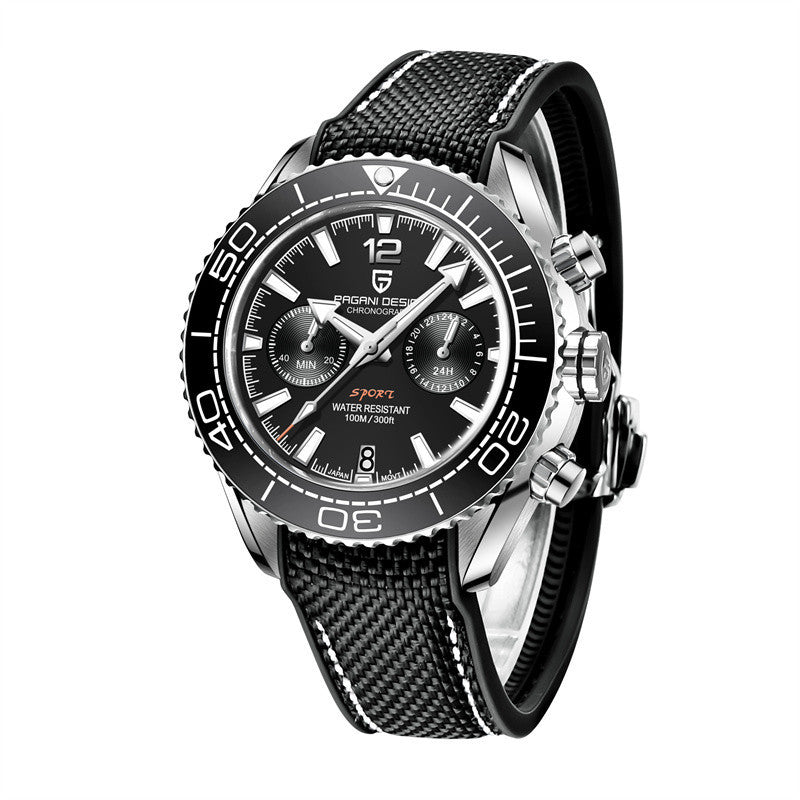 Black wristwatch with detailed face on a white background