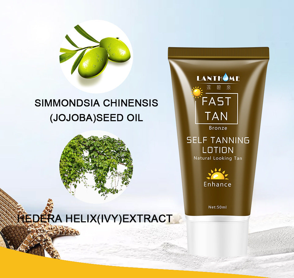 Lantime Fast Tan self-tanning lotion with olive oil and ivy extract on a beach background
