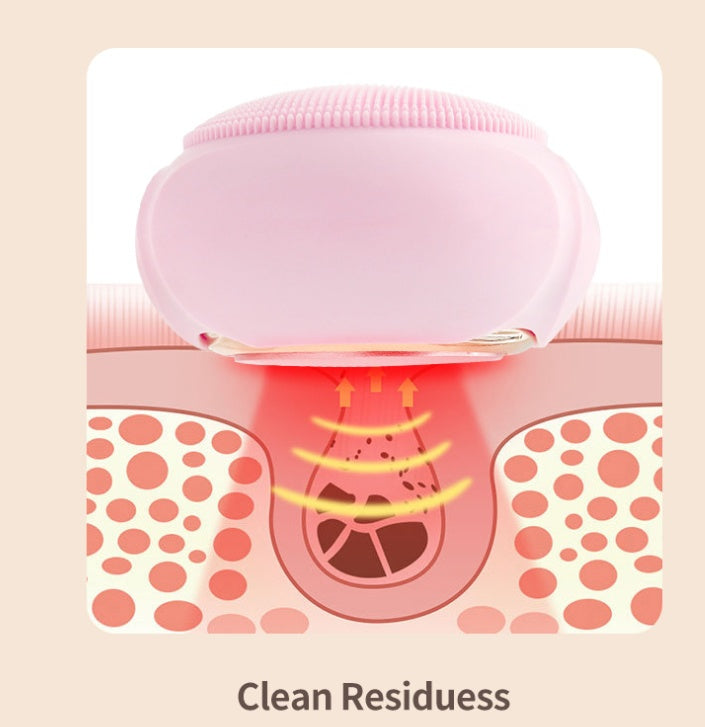 Pink electronic device with a stylized illustration of skin and text 'Clean Residuess' on a beige background