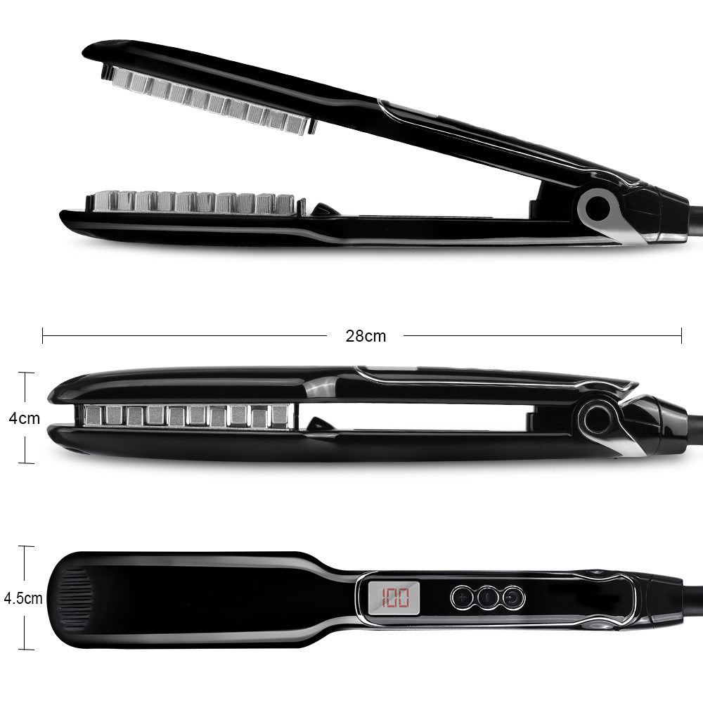 Black hair straightener with measurements on a white background