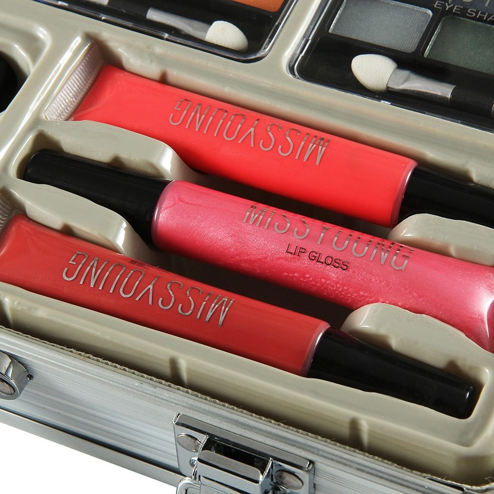 Two red lip glosses in a case with 'Miss Young' branding.