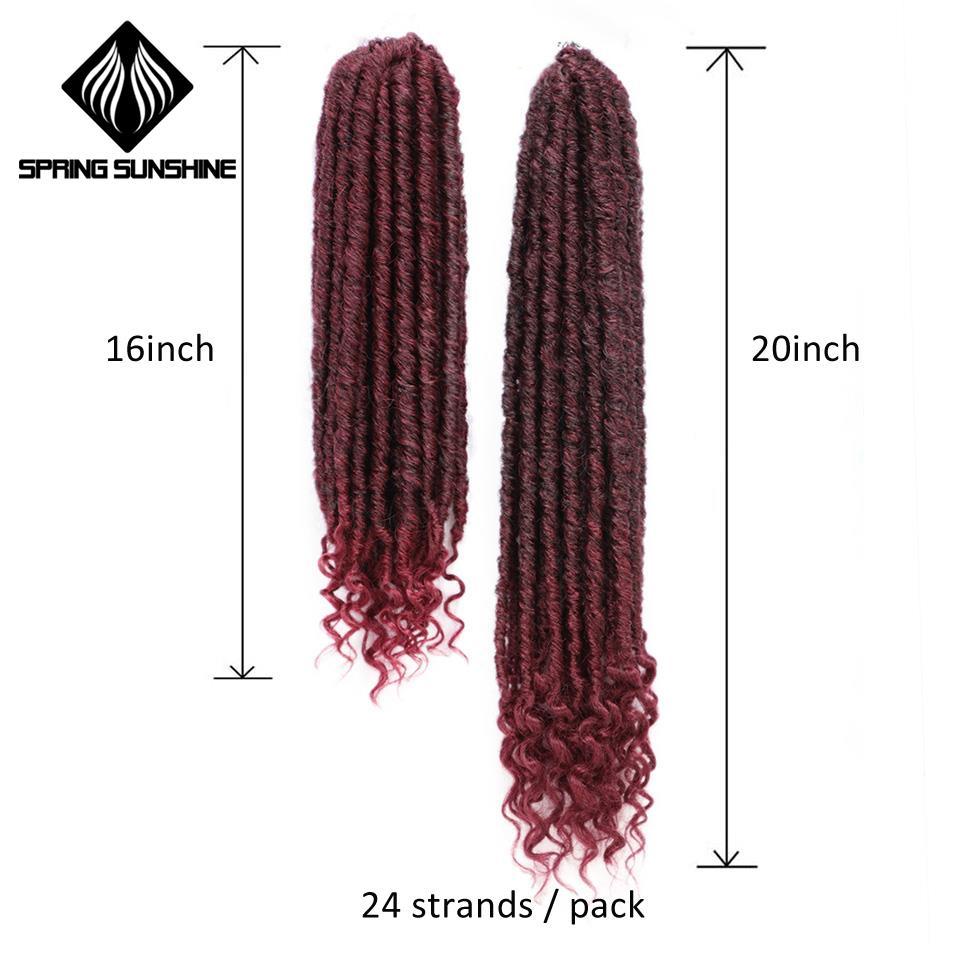 Two bundles of burgundy synthetic hair extensions with measurements and 'Spring Sunshine' branding.