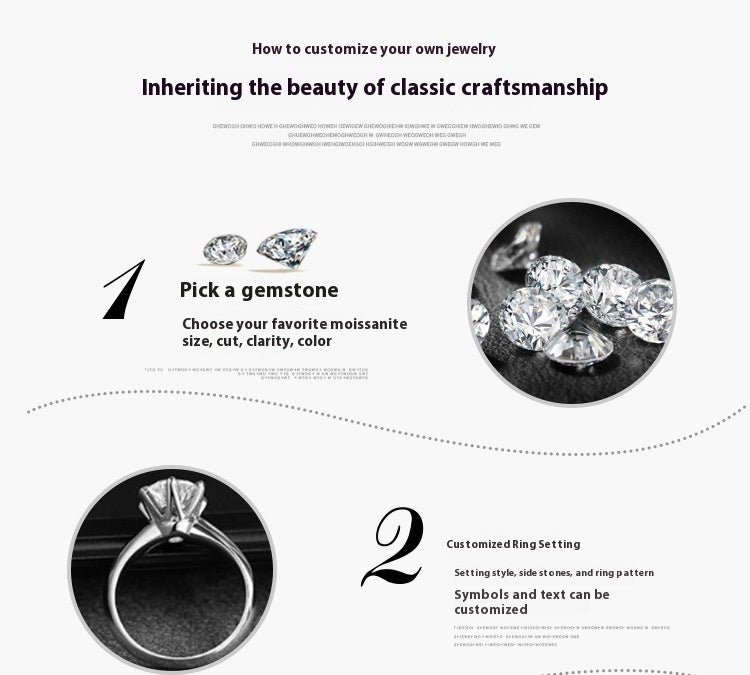 Instructions on customizing jewelry with gemstones and ring settings on a white background.