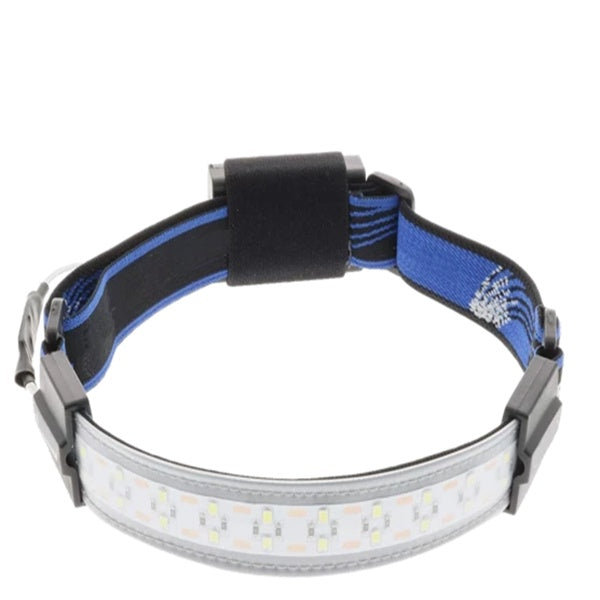 Headlamp with blue strap on a white background