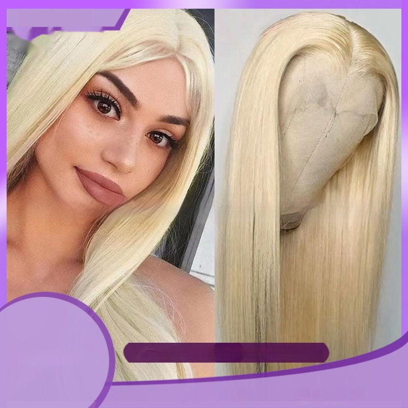Blonde wig with a close-up of the hairline on a plain background