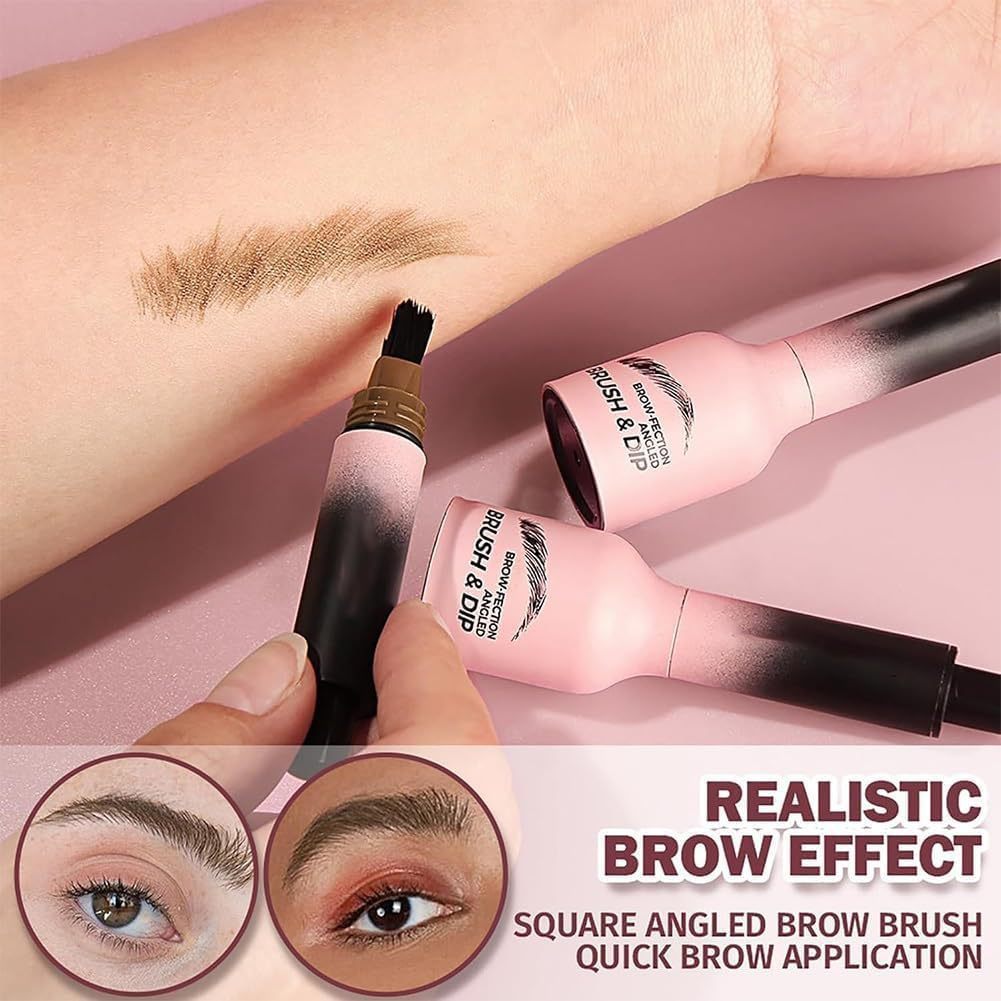 Square angled brow brush with application on arm and close-up of eyes wearing brown makeup.