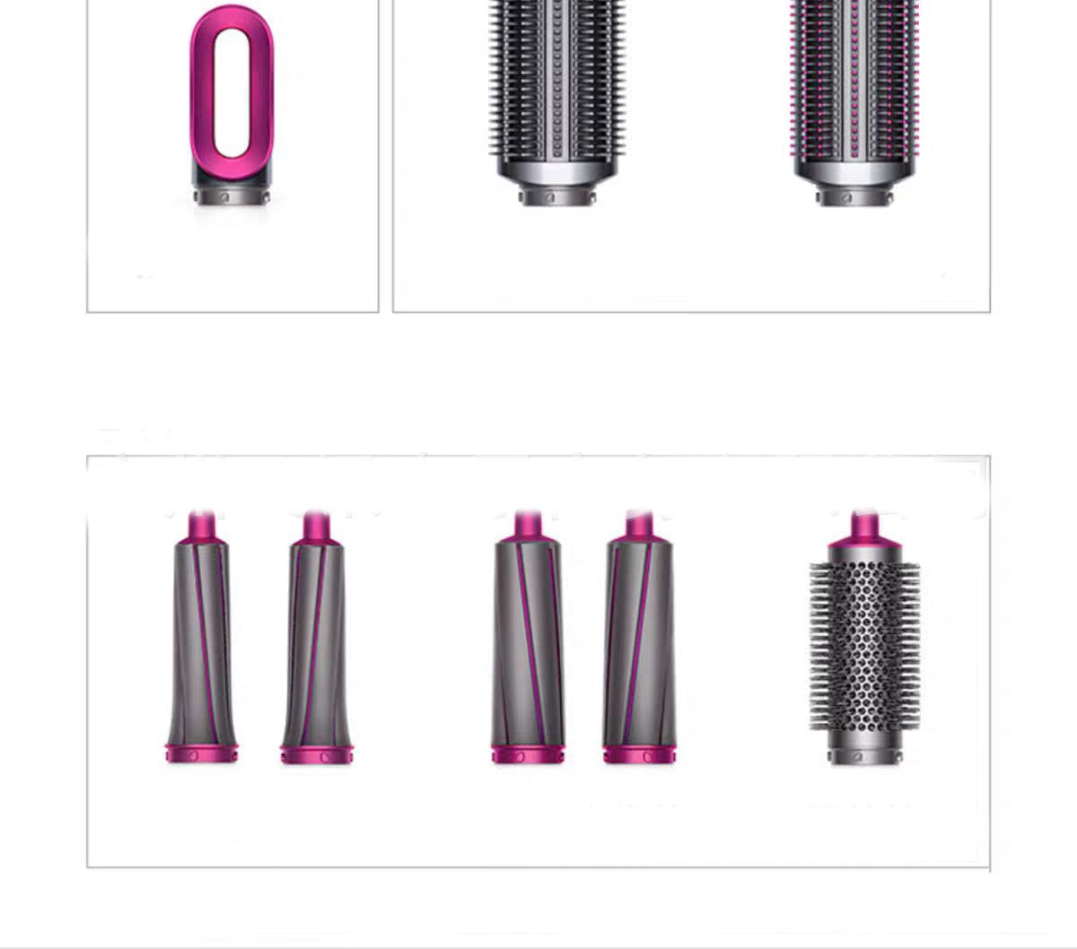 Set of hair dryer attachments with pink and silver design on a white background