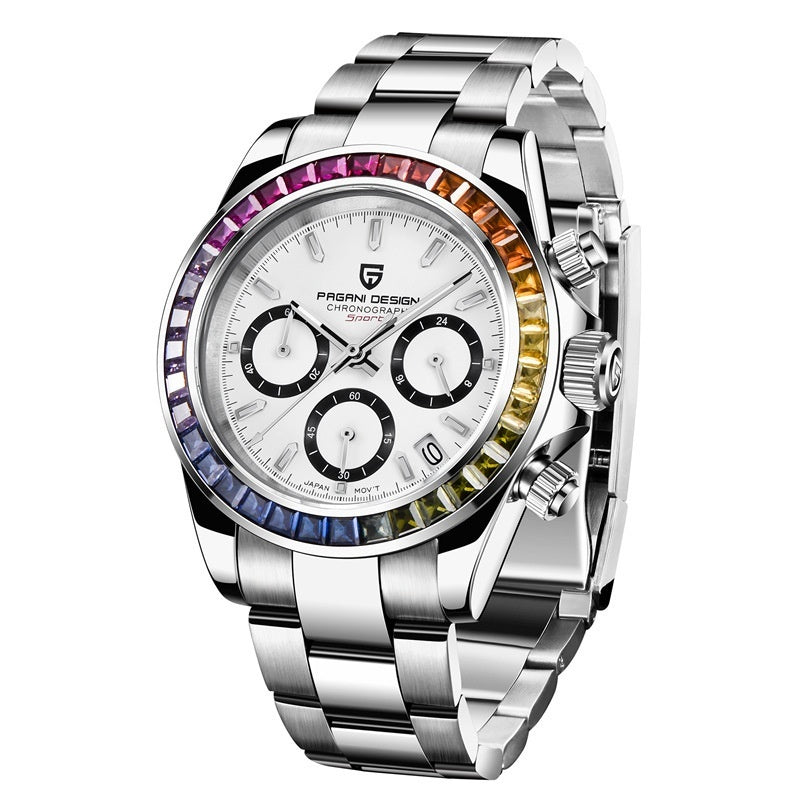 Silver watch with a colorful bezel on a white background