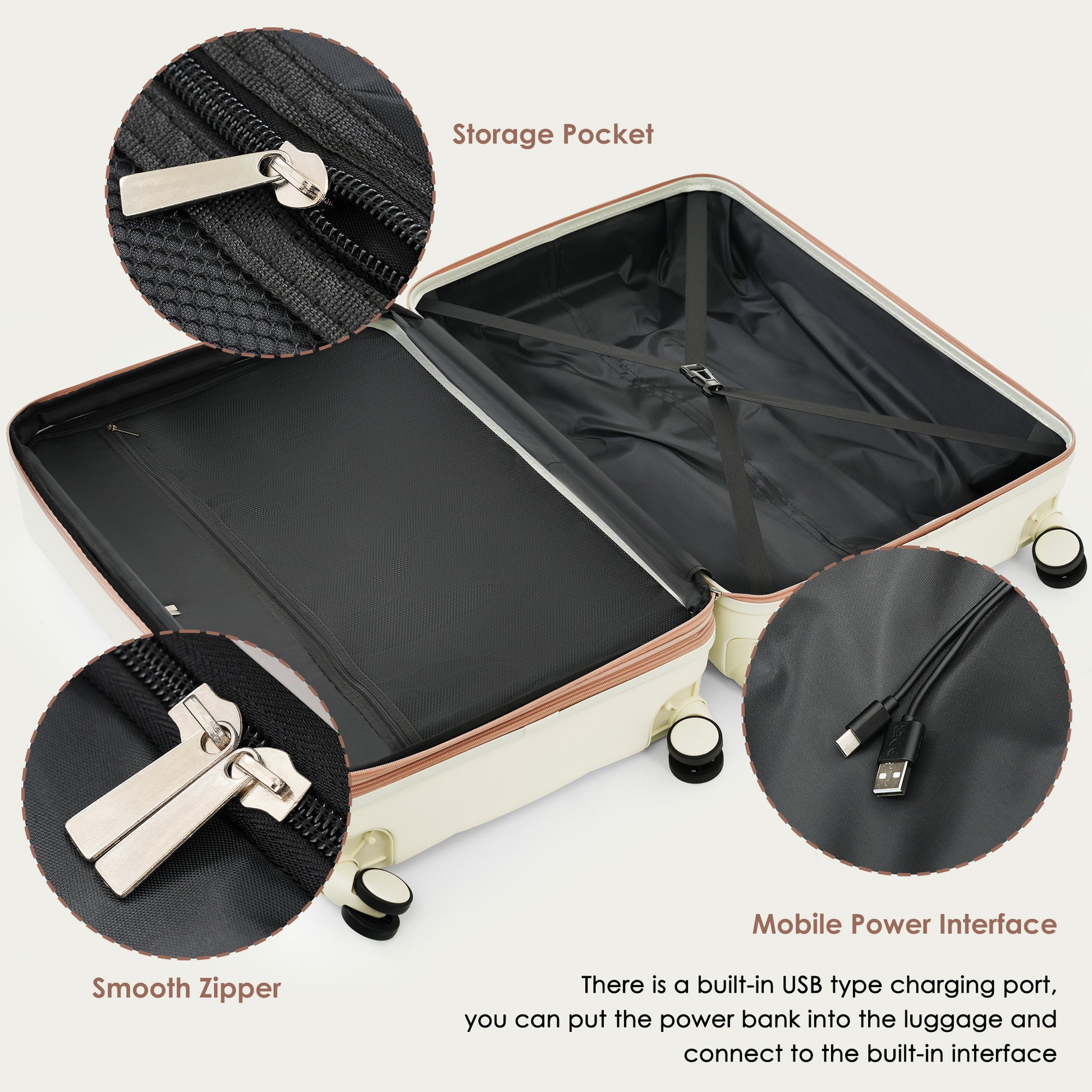 Black suitcase with storage pocket, smooth zipper, and mobile power interface on a white background