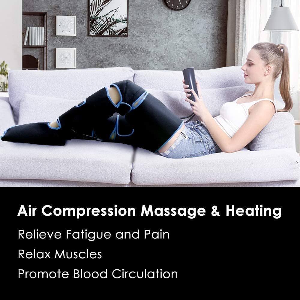 Woman using an air compression massage device on a couch with text about its benefits.