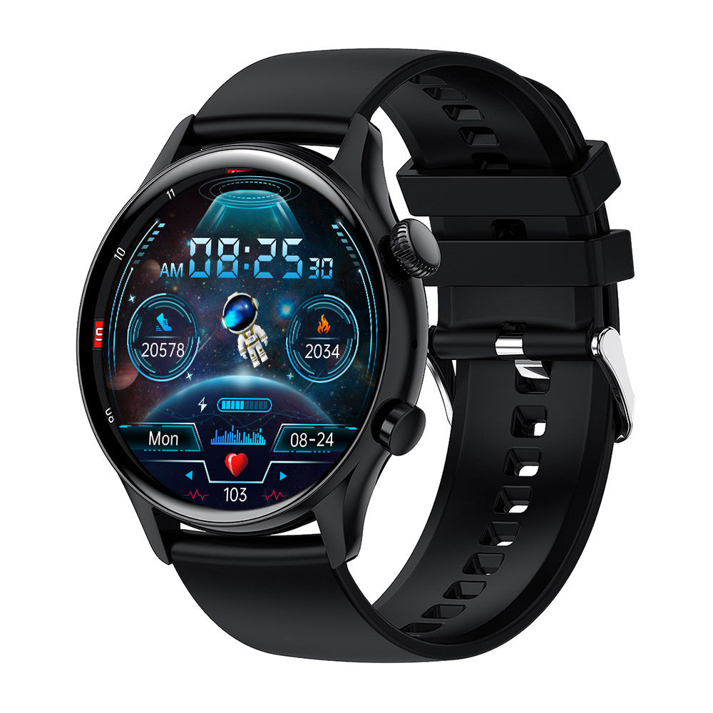 Black smartwatch with a detailed display on a white background