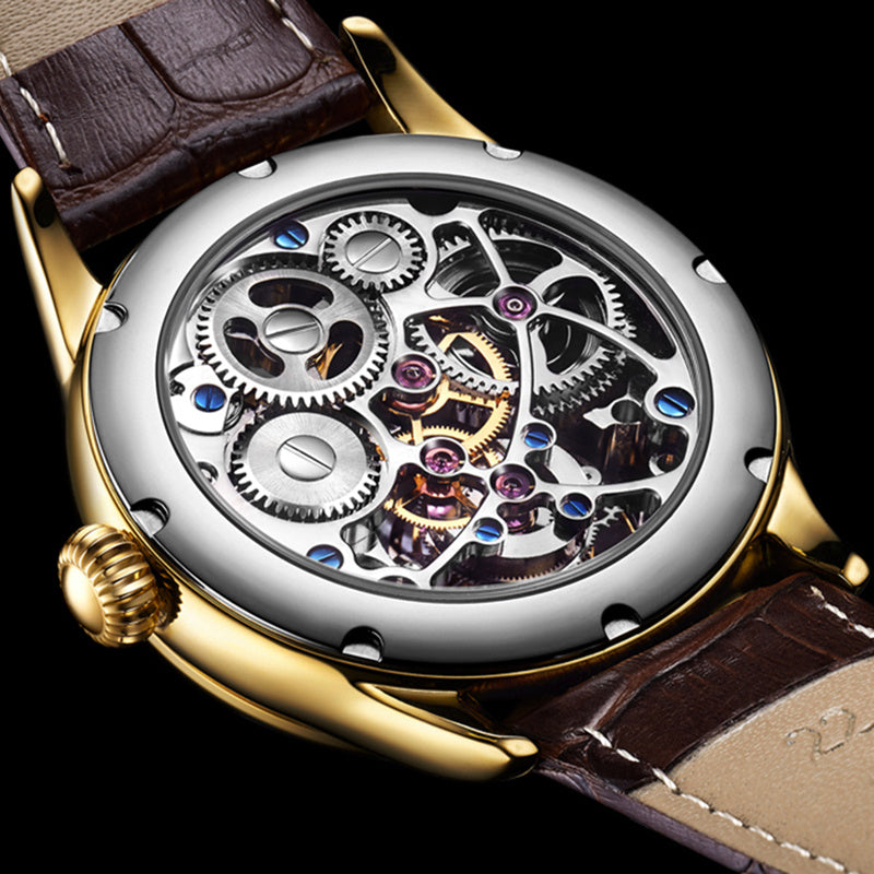 Luxury watch with visible mechanical components on a dark background
