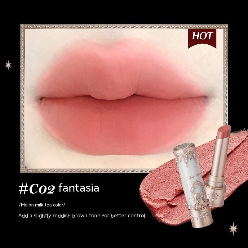 Lipstick with packaging and color swatch labeled '#CO2 fantasia' on a black background.