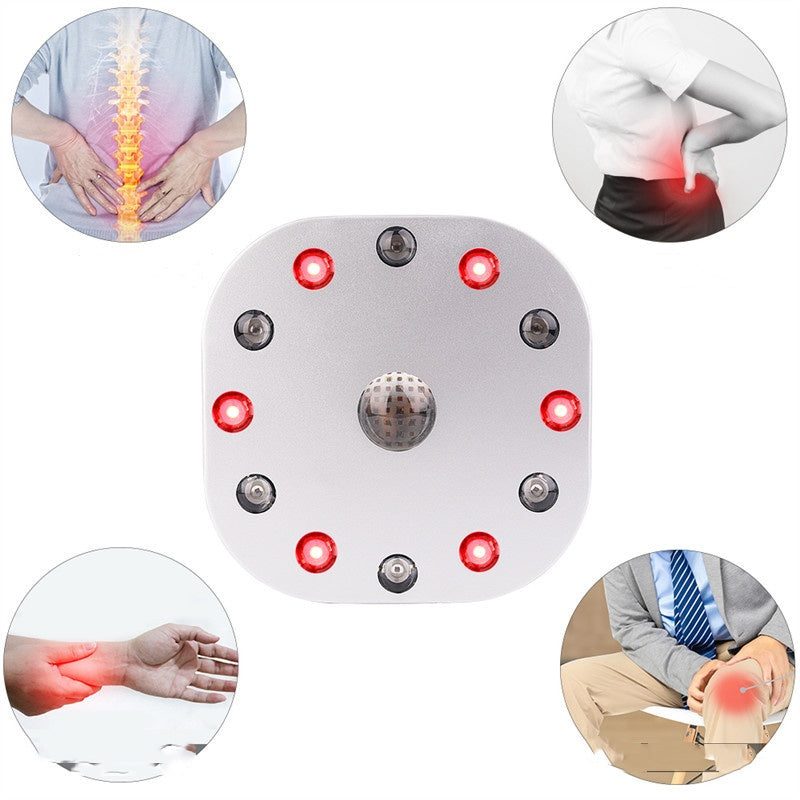 White electronic device with red and black lights on a white background, surrounded by images of body parts with pain.