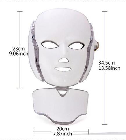 White LED face mask with measurements on a white background