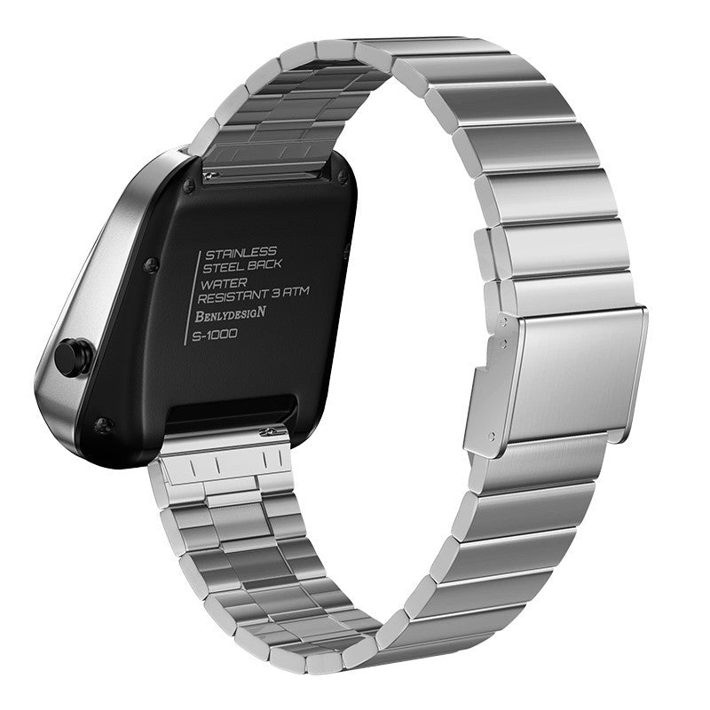 Silver watch band on a white background