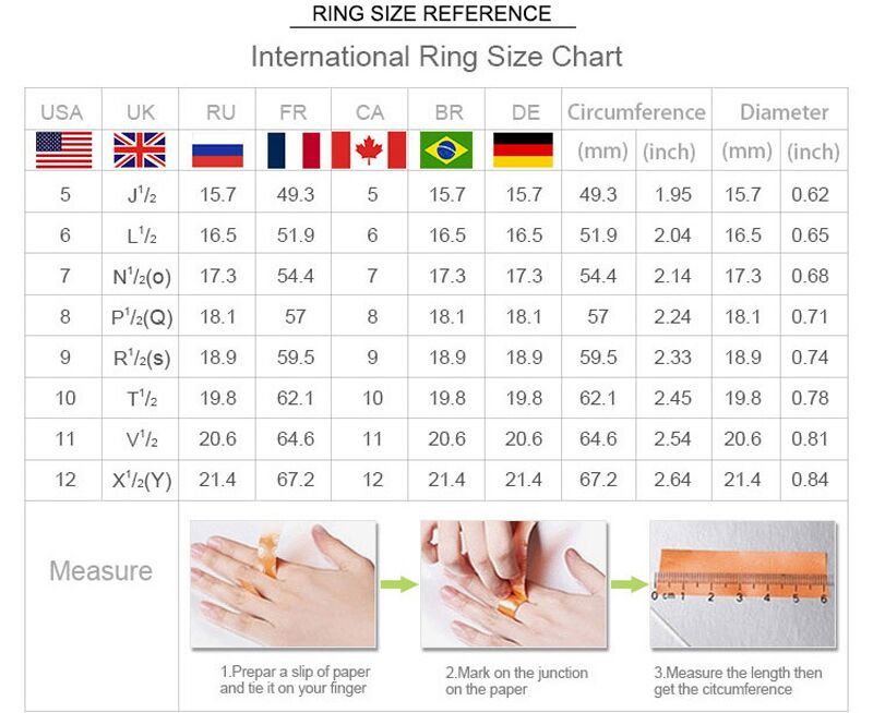 International Ring Size Chart with measurements for various countries