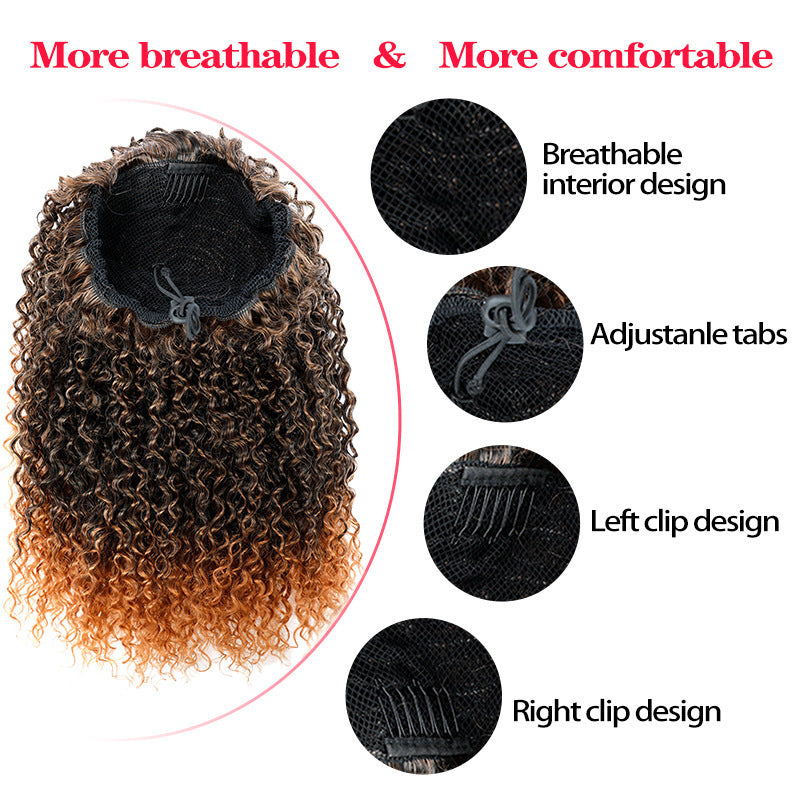Hair extension with breathable interior design, adjustable tabs, left and right clip designs on a white background.
