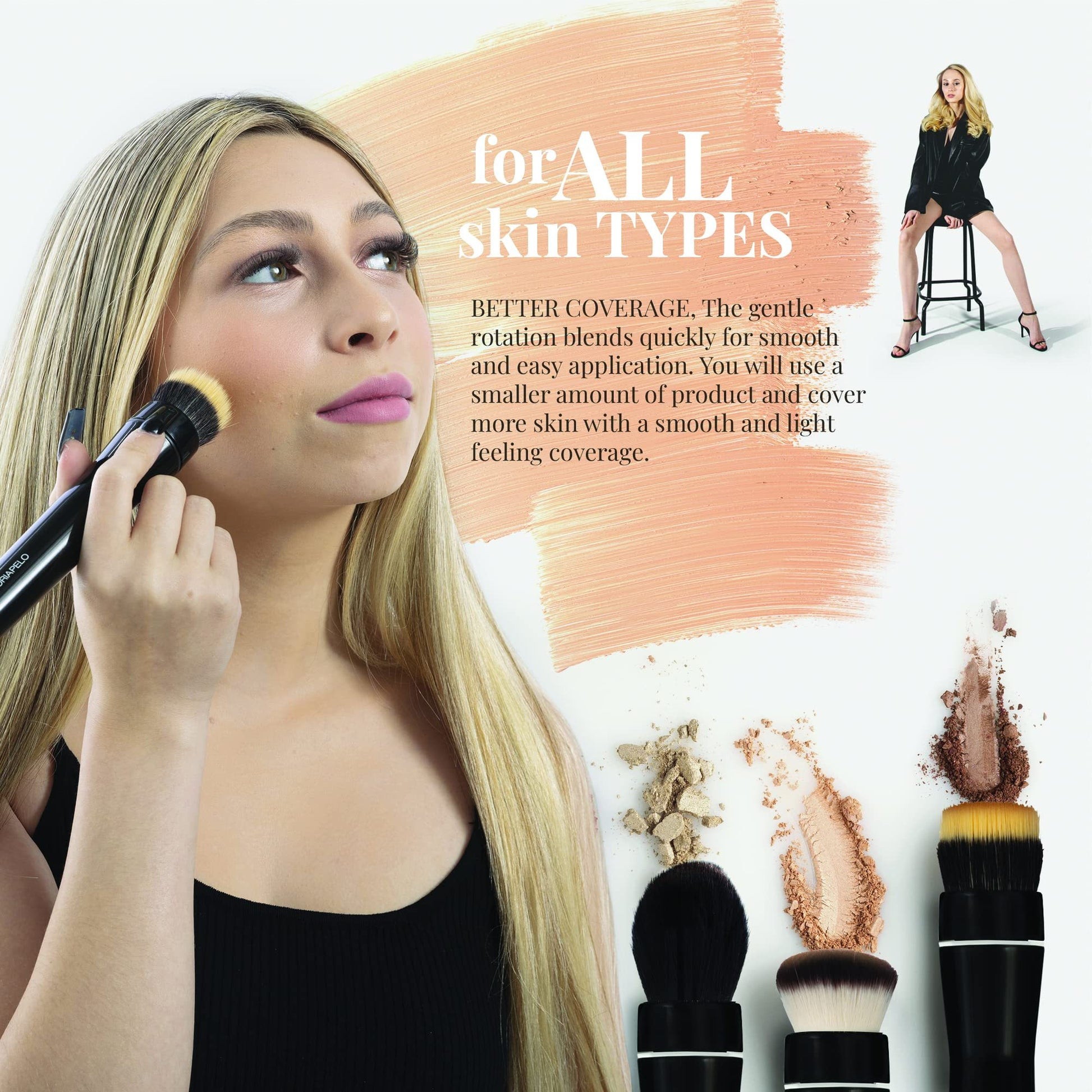 Woman applying makeup with a brush, surrounded by cosmetic products and text about skin types.
