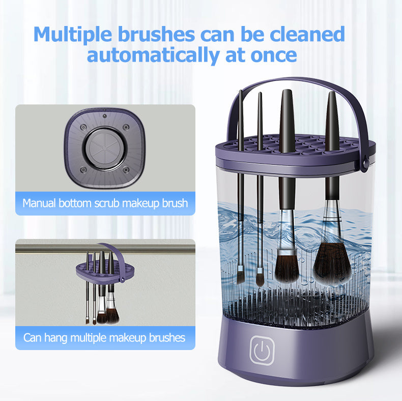 Makeup brush cleaning device with brushes inside, showing text about automatic cleaning.
