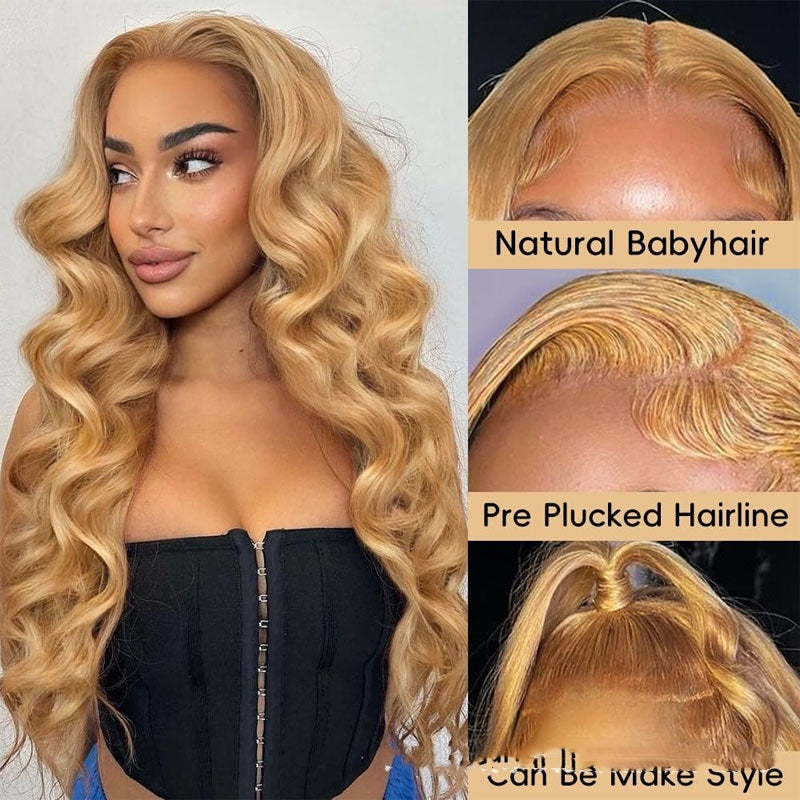 Woman with blonde wig and close-up shots of hairline and natural babyhair.