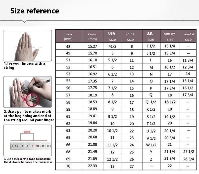 Hand size reference chart with measurements in millimeters, inches, and finger sizes.