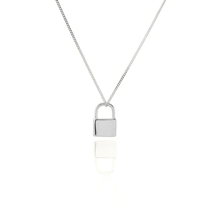 Silver padlock necklace on a white background
