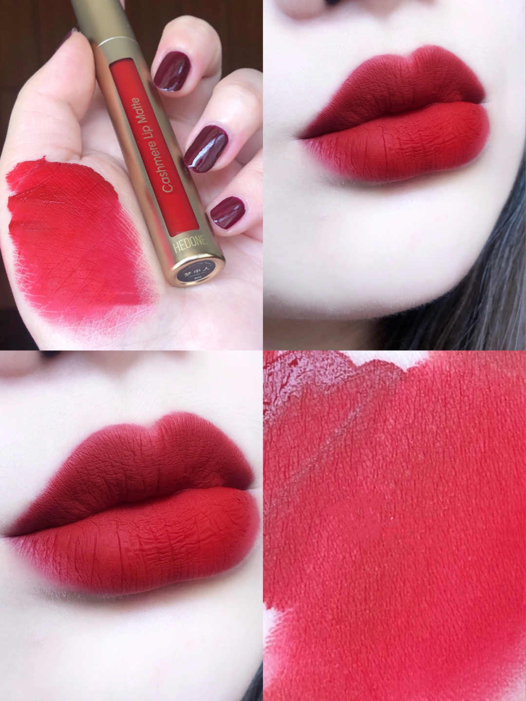 Collage of a red lipstick with swatches on skin and close-up of lips.