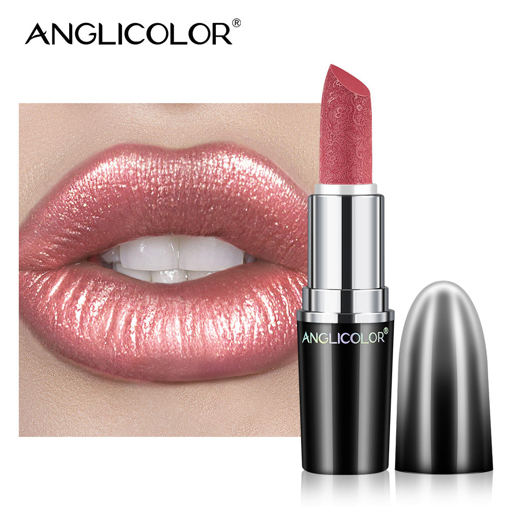Anglicolor lipstick with a close-up of lips wearing the color on a white background