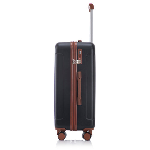 Black suitcase with brown accents on a white background