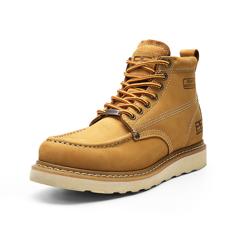 Tan work boot with laces on a white background