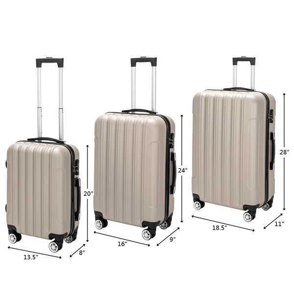 Three beige suitcases of different sizes with dimensions labeled on a white background