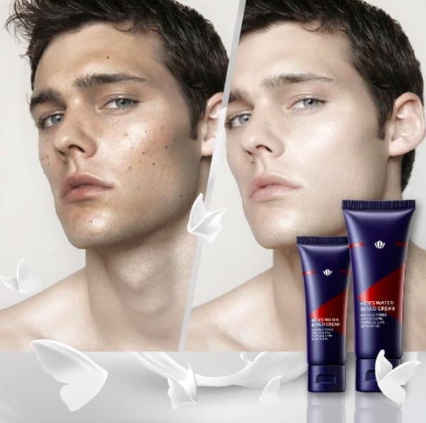 Before and after comparison of a man's face with skincare products displayed.