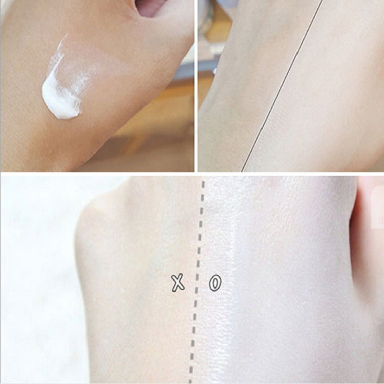 Before and after comparison of skin treatment with a cream application and removal process.
